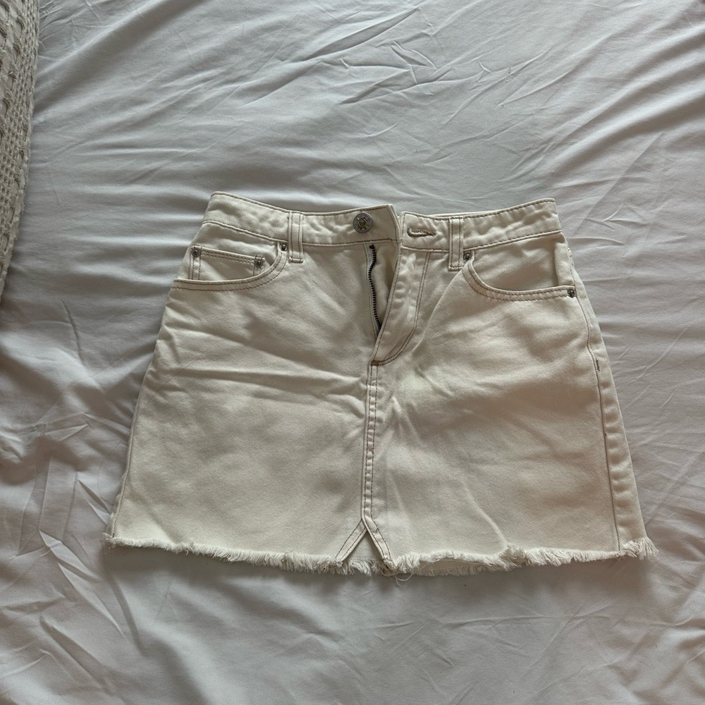 BDG Cream Frayed Hem Denim Mini Skirt
